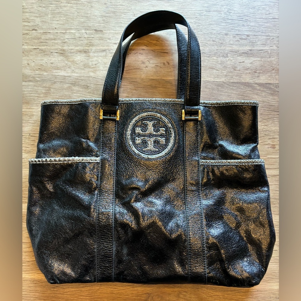 Tory Burch Black Leather Python Trimmed Tote Bag - image 1